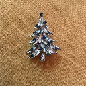Vintage Christmas Tree Brooch, silver and blue